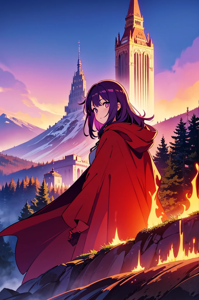 anime girl,bright eyes,cape,Hood removed,Hair Two Colors Red,violet,the forest,mountain,Tower,Against the Background of a Huge World with an Endless Horizon,Flame Envelops the Tower,4K wallpaper,Art wallpaper Anime,Colorful world