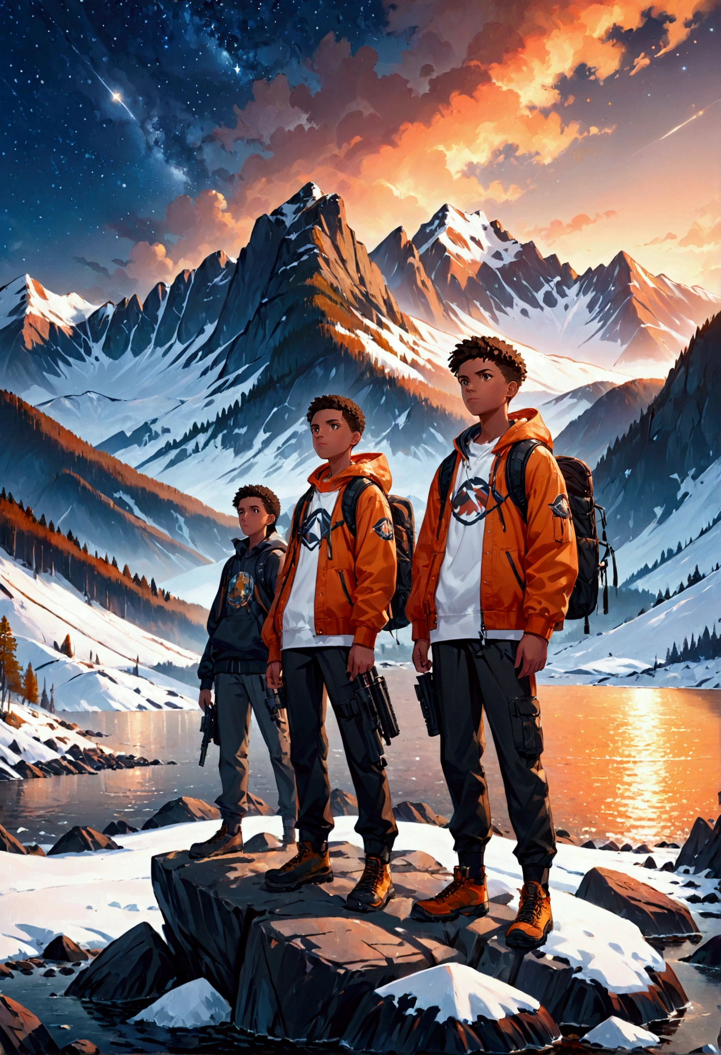 a detailed portrait of 3 black agers with guns, standing on a rocky shore, with a mountainous adventure scenery in the background, cartoon style, snow on mountain peaks, dusk sky, starry night sky, orange sky, cinematic lighting, highly detailed, photorealistic, 8k, masterpiece