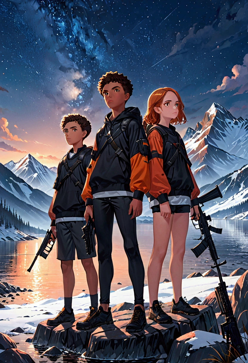 a detailed portrait of 3 black teenagers with guns, standing on a rocky shore, with a mountainous adventure scenery in the background, cartoon style, snow on mountain peaks, dusk sky, starry night sky, orange sky, cinematic lighting, highly detailed, photorealistic, 8k, masterpiece