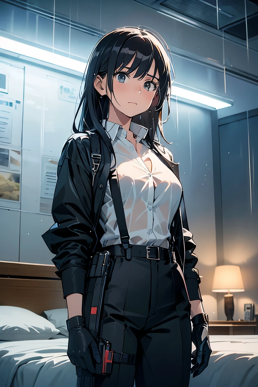 1 female, , high quality, masterpiece, Ultra-high resolution, , Cinema Lighting, , , And the suspenders with the cranes flying Large Breasts Small face holster Lying in bed Looking up Sweat belt summer 脇Sweat Black Hole Gloves suit shirt Black jacket Black trousers Leg Links ズボンにbelt holster Hands behind your back Anxious expression Looking up Anxious face, legs apart Armament Handgun handcuffs Cable ties レッグholster holster See-through clothing heavy rain Getting wet in the rain