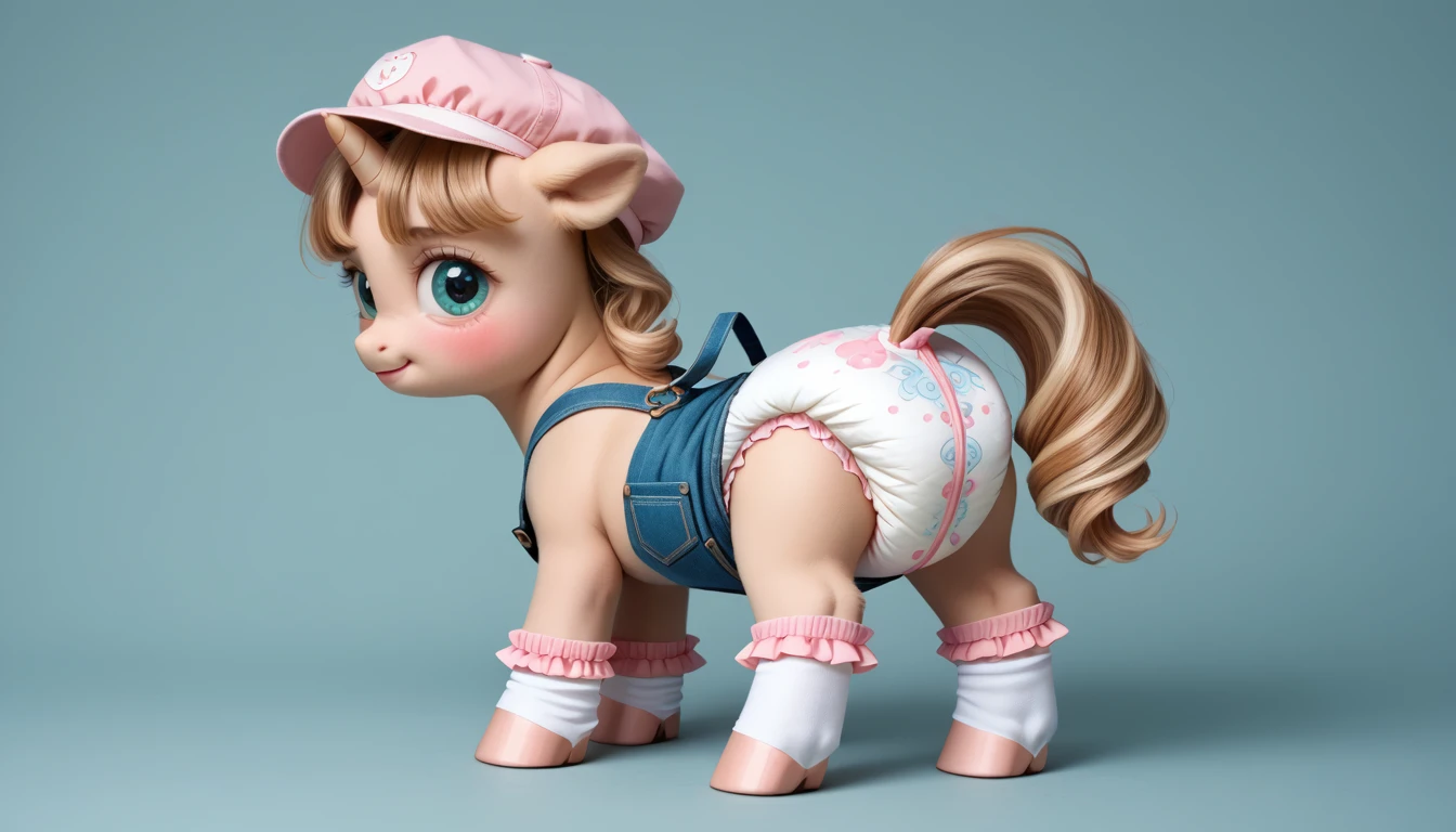 pony, light caramel unicorn, adult filly, stands on four hooves, rear hooves spread wide apart, dressed in a soft green adult-sized foal overalls with frills, adult size foal cap and hoof socks in soft blue color, solo, raised tail, soft pink thick diaper, pink blush on cheeks.