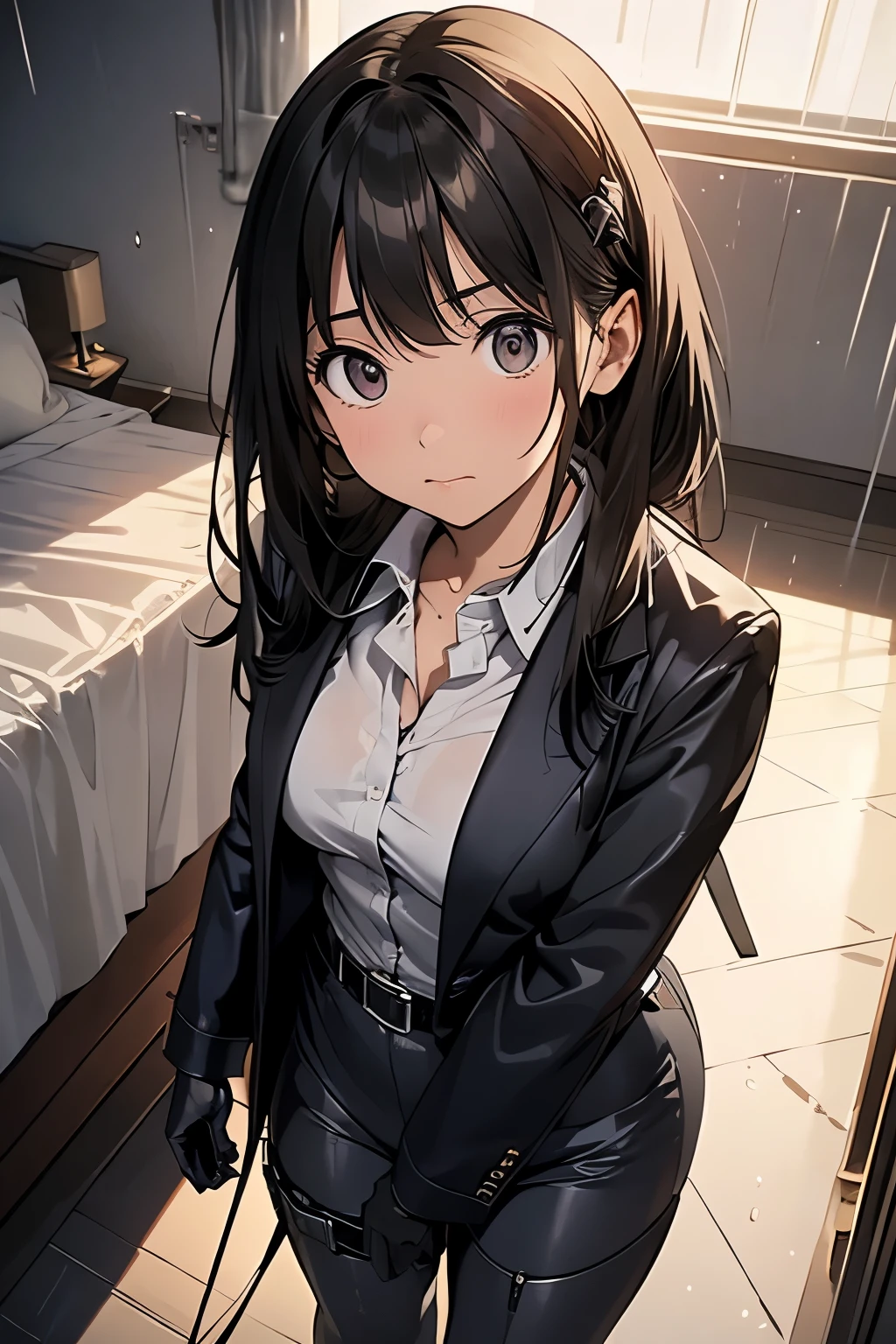 1 female, , high quality, masterpiece, Ultra-high resolution, , Cinema Lighting, , , And the suspenders with the cranes flying Large Breasts Small face holster Lying in bed Looking up Sweat belt summer 脇Sweat Black Hole Gloves suit shirt Black jacket Black trousers Leg Links ズボンにbelt holster Hands behind your back Anxious expression Looking up Anxious face, legs apart Armament Handgun handcuffs Cable ties レッグholster holster See-through clothing heavy rain Getting wet in the rain
