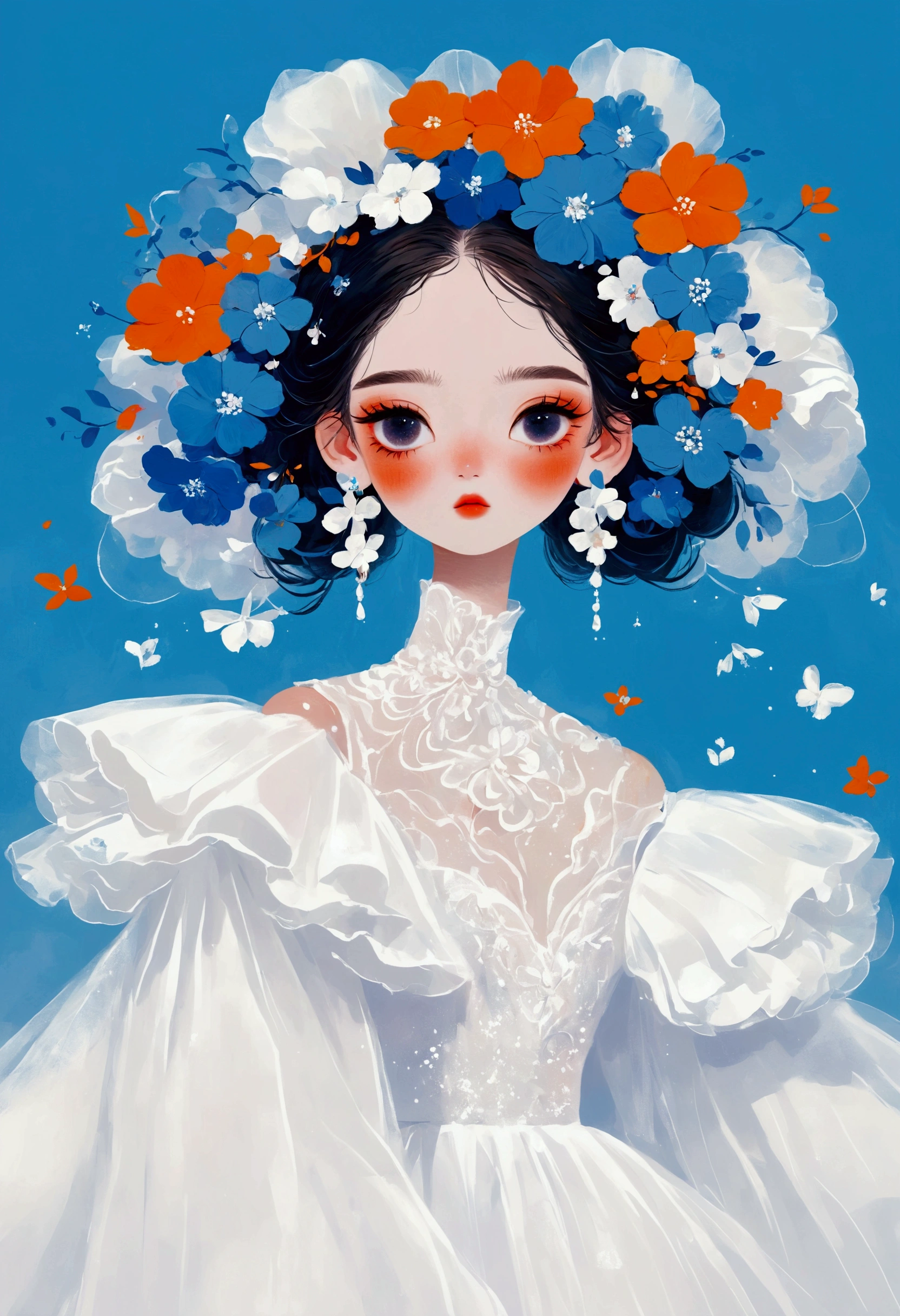 illustration：1 beautiful girl，Blue Skin，Flower Earrings，Flower headdress，White exaggerated dress，Exaggerated sleeves，Fluffy white tulle，Orange background