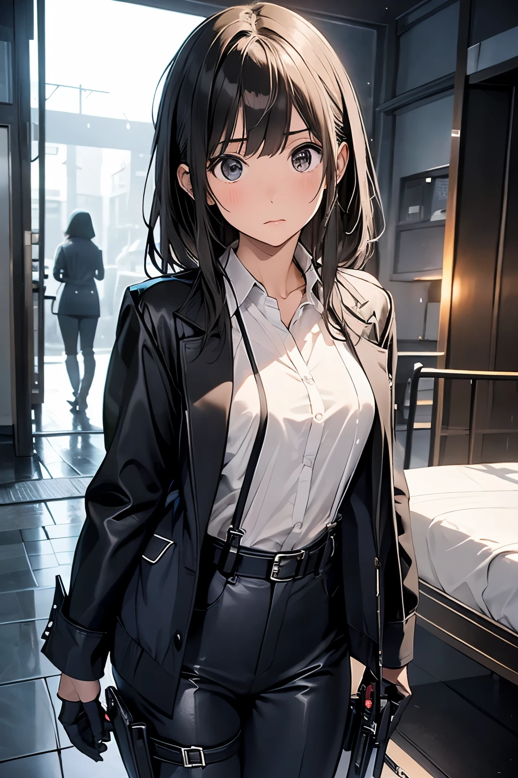 1 female, , high quality, masterpiece, Ultra-high resolution, , Cinema Lighting, , , And the suspenders with the cranes flying Large Breasts Small face holster Lying in bed Looking up Sweat belt summer 脇Sweat Black Hole Gloves suit shirt Black jacket Black trousers Leg Links ズボンにbelt holster Hands behind your back Anxious expression Looking up Anxious face, legs apart Armament Handgun handcuffs Cable ties レッグholster holster See-through clothing heavy rain Getting wet in the rain
