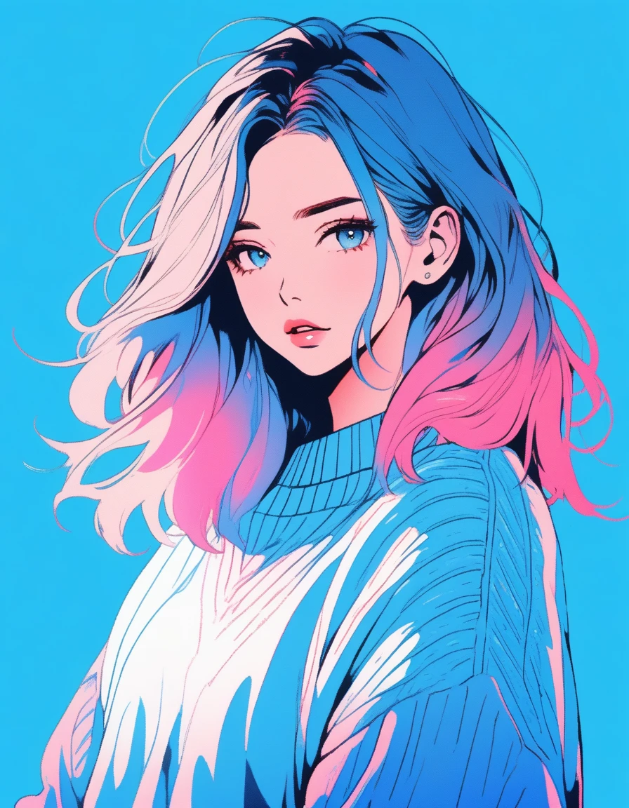 illustration style, anime , realistic ,sketch , 1 girl, ,lip, sweater,order, Blue gradient background, Neon Hair,textured crop, Canadian, (masterpiece,highest quality)