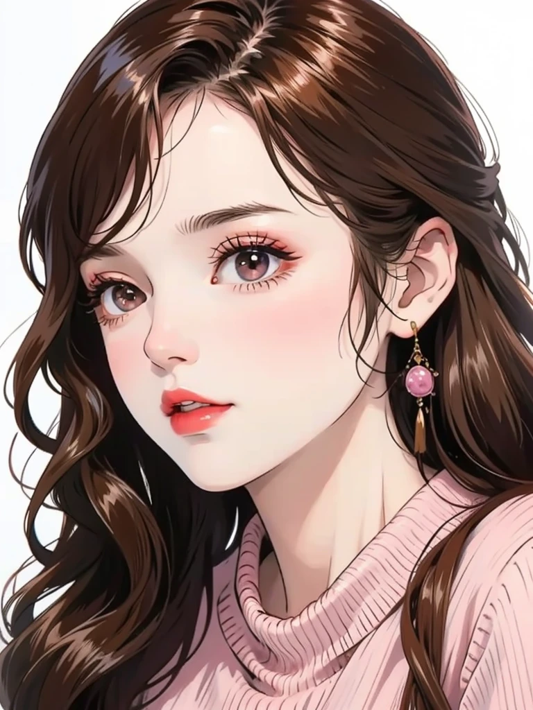 Girl, long brown hair, brown eyes, sharp features, white skin, pink lips, curly hair, perfect, sweater