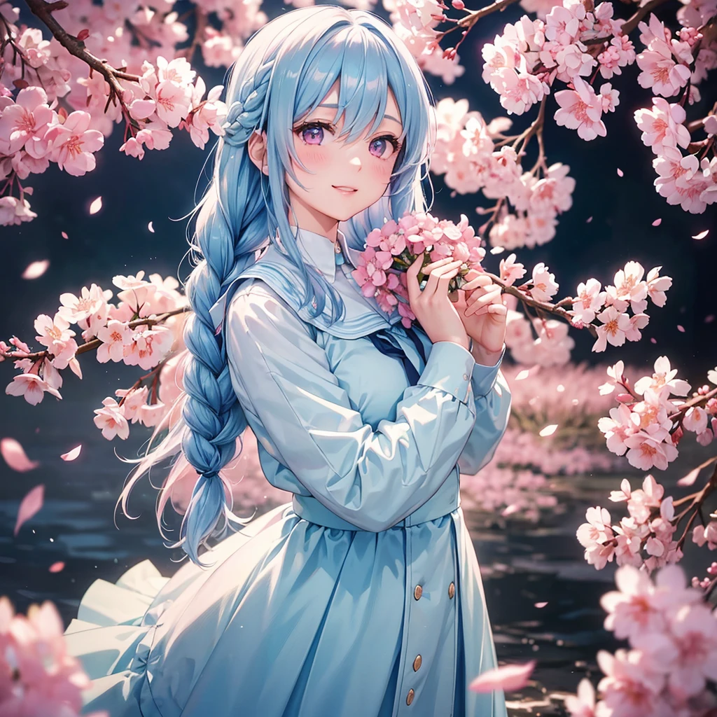 (light blue medium hair),(Braided hair)、Pink Eyes、Fair skin、(whole body)、(uniform)、Cherry Blossoms at Night、Big smile、A dignified figure、alone、(masterpiece、Highest quality、Very detailed、Best Shadow)、(Detailed Background)、(Beautifully detailed face)、High Contrast、(Best lighting、Very delicate and beautiful)、((Cinematic Light))、colorful、Hyper Detail、Dramatic Light、Exquisite detail、