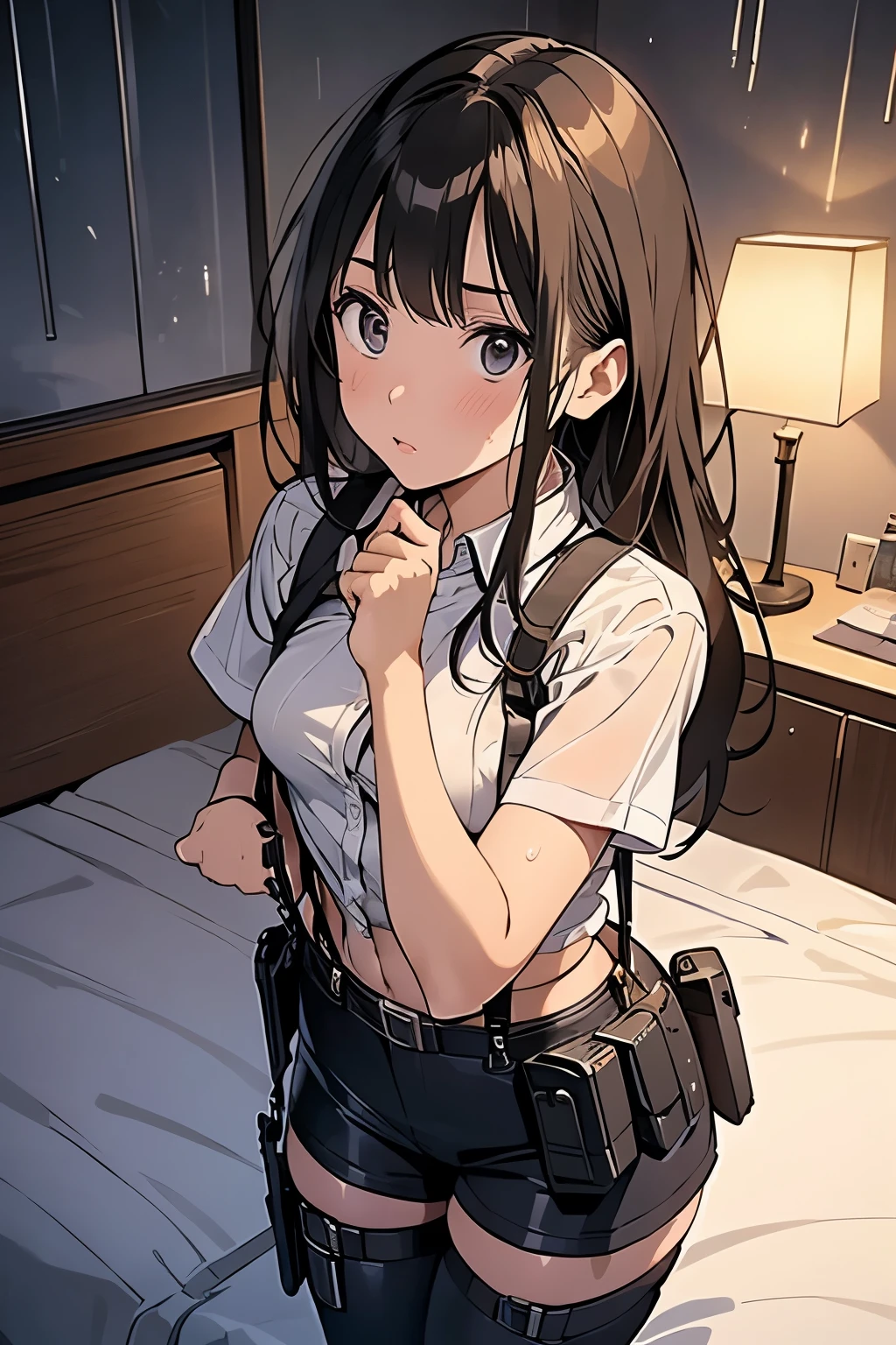 1 female, , high quality, masterpiece, Ultra-high resolution, , Cinema Lighting, , , And the suspenders with the cranes flying　　　Large Breasts　 　 　　　　Small face　 　　　holster　　　　　　　 Lying in bed　Looking up　　　　Sweat 　　　belt　summer　脇Sweat 　Black Hole Gloves　suit　shirt　　Black jacket　 Black trousers　Leg Links　ズボンにbelt　　holster　 　　Hands behind your back　 Anxious expression　Looking up　Anxious face, legs apart　Armament　Handgun　handcuffs　Cable ties　レッグholster　holster　See-through clothing　heavy rain　Getting wet in the rain