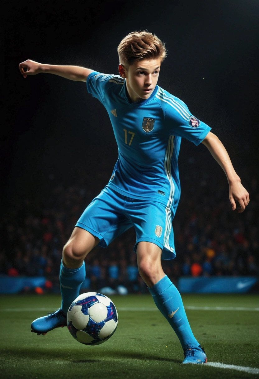 1boy, beautiful detailed soccer player, stroboscopic effect, action shot, dynamic motion blur, Gjon Mili style, dramatic lighting, high contrast, vivid colors, (8k, highres:1.2), ultra-detailed, (realistic, photorealistic, photo-realistic:1.37), masterpiece, best quality, very aesthetic, absurdres