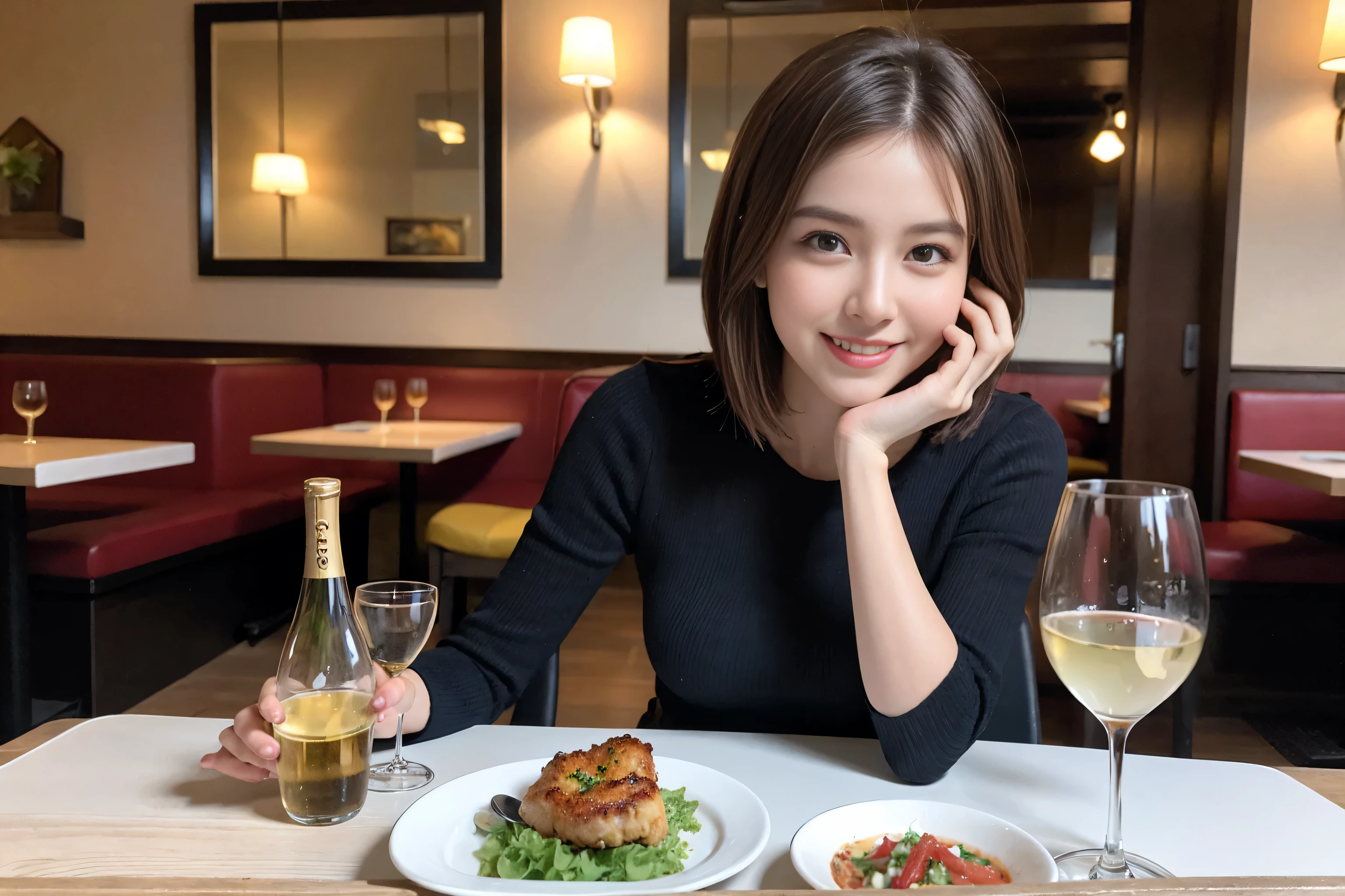 ((Highest quality、8k、masterpiece:1.3))、cute、Slim couple、Model Couple、Actress、(Realistic, Intricate details:1.2), full-course dinner、Wine 、Amazing view of the sunset sky and clouds、A bright smile、short hair,Bright Face、 (45 years old), 48 years old, red wine 、Appetizers、Italian food、Wine bottle、Champagne、sparkling wine、Two beauties、Brown Hair、Shortcuts、Long sleeve shirt、dress、Beautiful woman 1, (Slim face), (The body is slim), (Brown Hair), (Shortcuts), cheeks turn a little red,Attractive beauty、restaurant, In a prominent place (From the waist up) Nova Frog Style, actress, model, Upper Body, White wine, slim, wine glass, A wine glass placed in the center, smile, (smile: 1.15), Beautiful fine grain, Depth f/2,saturation, High Contrast, Strong light and shadow,Moist Body:1.5、3D texture、Delicate eyes、Brown Hair、The hair is very shiny、