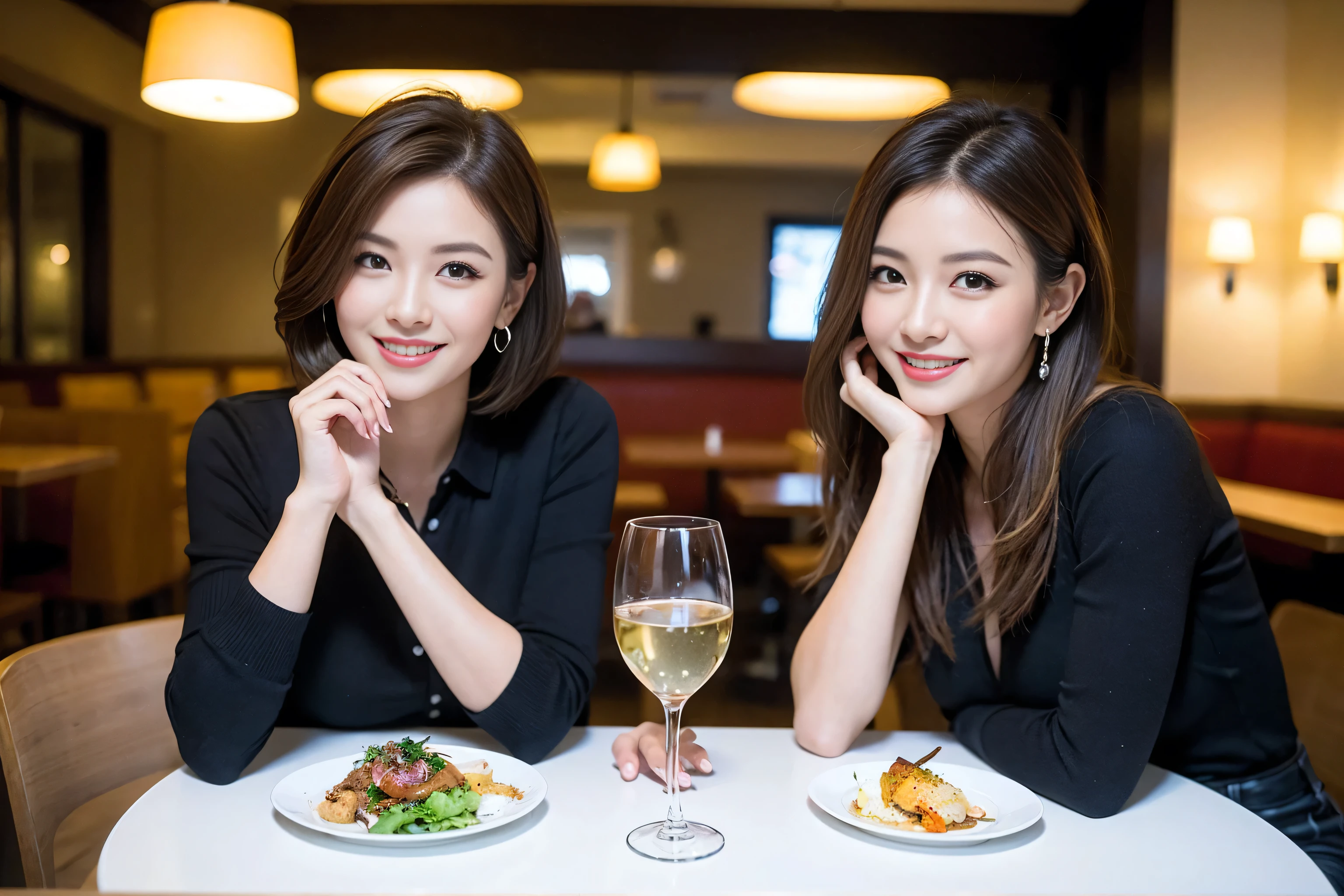 ((Highest quality、8k、masterpiece:1.3))、cute、Slim couple、Model Couple、Actress、(Realistic, Intricate details:1.2), full-course dinner、Wine Party、Amazing view of the sunset sky and clouds、A bright smile、short hair,Bright Face、 (45 years old), 48 years old, red wine 、Appetizers、Italian food、Wine bottle、Champagne、sparkling wine、Two beauties、Brown Hair、Shortcuts、Long sleeve shirt、dress、Beautiful woman 1, (Slim face), (The body is slim), (Brown Hair), (Shortcuts), cheeks turn a little red,Attractive beauty、restaurant, In a prominent place (From the waist up) Nova Frog Style, actress, model, Upper Body, White wine, slim, wine glass, A wine glass placed in the center, smile, (smile: 1.15), Beautiful fine grain, Depth f/2,saturation, High Contrast, Strong light and shadow,Moist Body:1.5、3D texture、Delicate eyes、Brown Hair、The hair is very shiny、