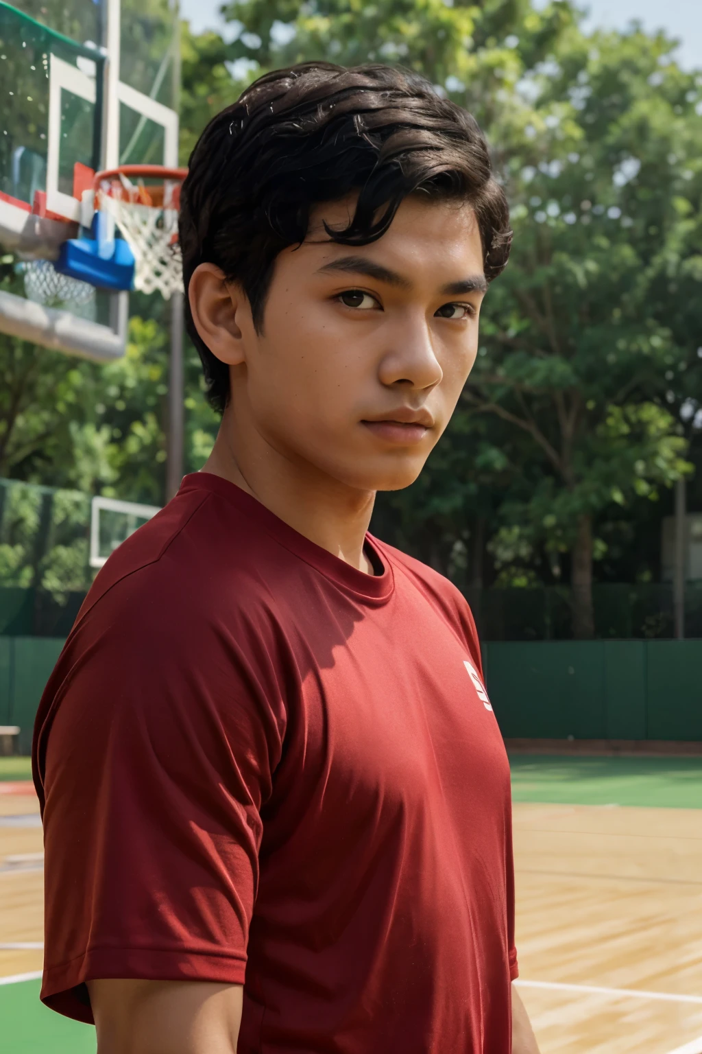 ((masterpiece)), 16 year old male, singaporean chinese, short and voluminous black curly hair, slightly tan skin, green eyes, heart-shaped face, wearing red dri-fit shirt with no design. basketball court background, blur background, facing camera, close up on face