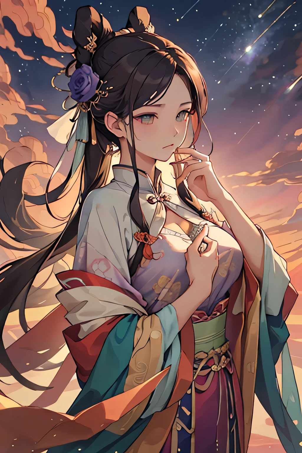 ((8k wallpaper of extremely detailed CG unit, masterpiece, hight resolution, top-quality, top-qualityのリアルテクスチャスキン)), (a very beautiful woman, Plump lips, The upper part of the body, Japanese pattern blouson:1.2, Japanese pattern micro mini shorts:1.2), (A dark-haired, hair messy, de pele branca, small tit), ((Colorful background with geometric patterns, Japanese pattern background, warm color)), (hyper realisitic, digitial painting),