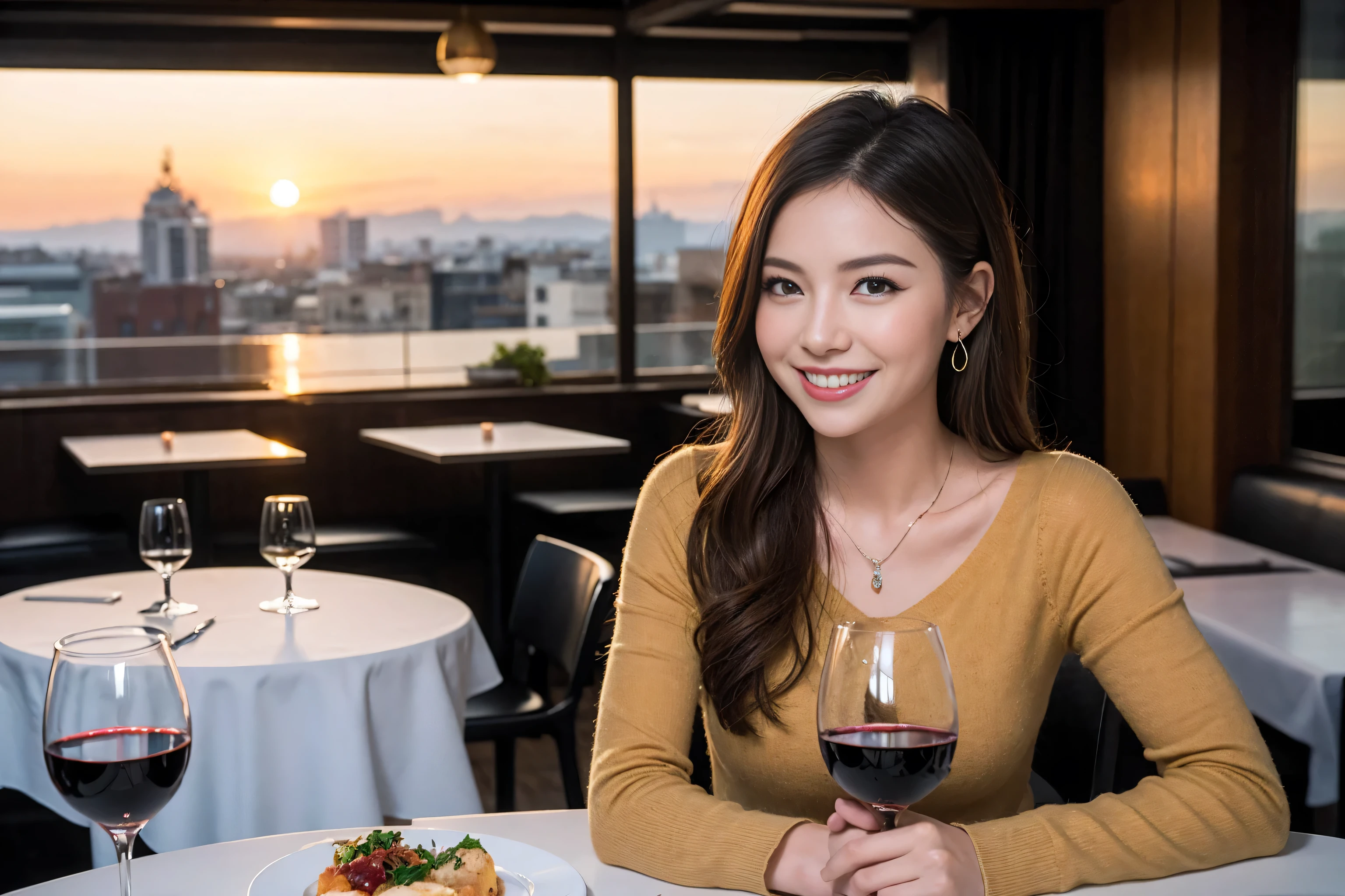 ((Highest quality、8k、masterpiece:1.3))、cute、Slim couple、Model Couple、Actress、(Realistic, Intricate details:1.2), full-course dinner、Wine Party、Amazing view of the sunset sky and clouds、A bright smile、short hair,Bright Face、 (45 years old), 48 years old, red wine 、Appetizers、Italian food、Wine bottle、Champagne、sparkling wine、Two beauties、Brown Hair、Shortcuts、Long sleeve shirt、dress、Beautiful woman 1, (Slim face), (The body is slim), (Brown Hair), (Shortcuts), cheeks turn a little red,Attractive beauty、restaurant, In a prominent place (From the waist up) Nova Frog Style, actress, model, Upper Body, White wine, slim, wine glass, A wine glass placed in the center, smile, (smile: 1.15), Beautiful fine grain, Depth f/2,saturation, High Contrast, Strong light and shadow,Moist Body:1.5、3D texture、Delicate eyes、Brown Hair、The hair is very shiny、
