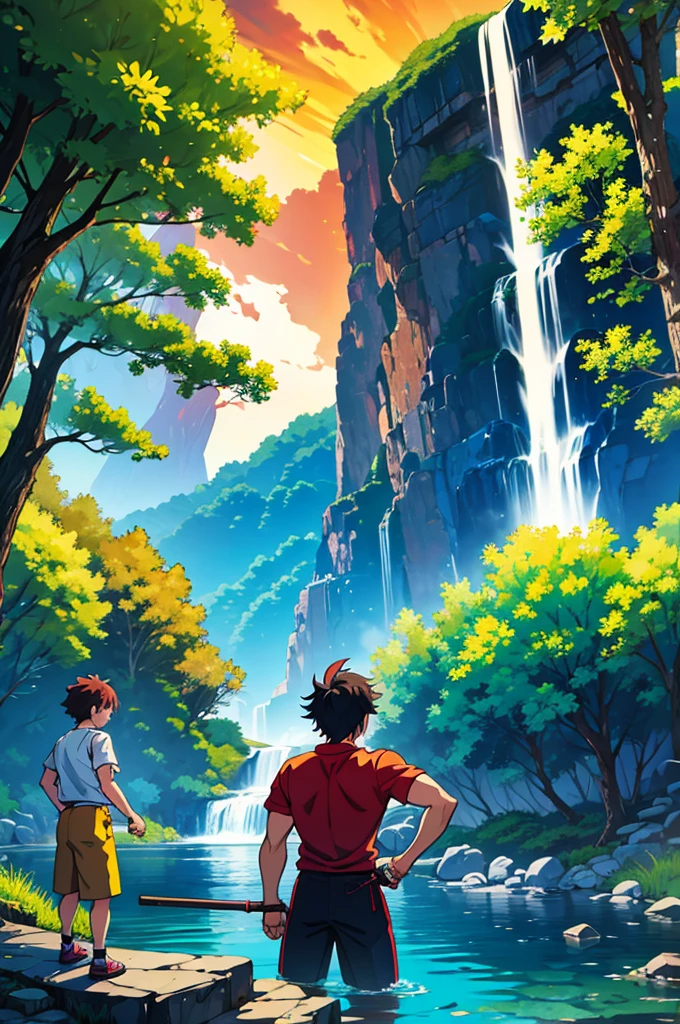 bright colors,anime,Backwoods,boy,Training by the Lake,Near the Monster Looks at the Guy,dark hair,Bright Water with Fish Visible,Near the waterfall,Equipment, bonfire,4K wallpaper,beautiful view