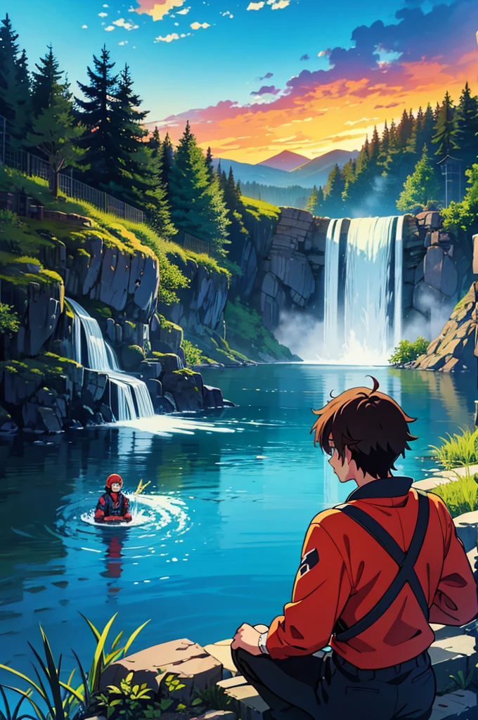 bright colors,anime,Backwoods,boy,Training by the Lake,Near the Monster Looks at the Guy,dark hair,Bright Water with Fish Visible,Near the waterfall,Equipment, bonfire,4K wallpaper,beautiful view