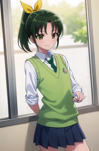 naomidorikawa, Nao Midorikawa, short hair, (Green Eyes:1.3), ponytail, Green Hair, ribbon, hair ribbon, smile,
break skirt, , tie, Rolled up my sleeves, Sweater vest, green tie, nanairogaoka middle ,Thighs、座る
break indoors,classroom,
break looking at viewer, Dynamic pose,
break (masterpiece:1.2), Highest quality, High resolution, unity 8k wallpaper, (figure:0.8), (Beautiful attention to detail:1.6), Highly detailed face, Perfect lighting, Highly detailed CG, (Perfect hands, Perfect Anatomy),