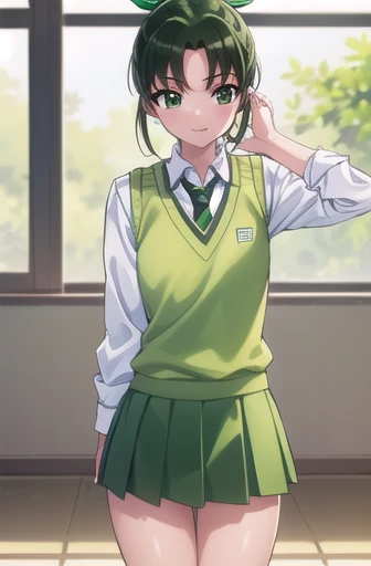 naomidorikawa, Nao Midorikawa, short hair, (Green Eyes:1.3), ponytail, Green Hair, ribbon, hair ribbon, smile,
break skirt, , tie, Rolled up my sleeves, Sweater vest, green tie, nanairogaoka middle ,Thighs、座る
break indoors,classroom,
break looking at viewer, Dynamic pose,
break (masterpiece:1.2), Highest quality, High resolution, unity 8k wallpaper, (figure:0.8), (Beautiful attention to detail:1.6), Highly detailed face, Perfect lighting, Highly detailed CG, (Perfect hands, Perfect Anatomy),