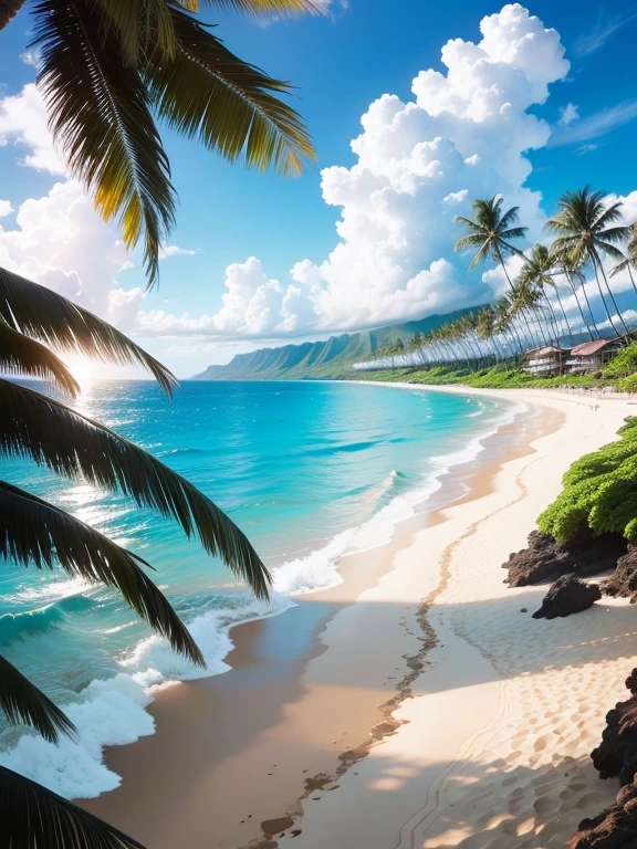 Private beach in Hawaii、blue-sky、shining water surface、gentle waves、White sandy beach