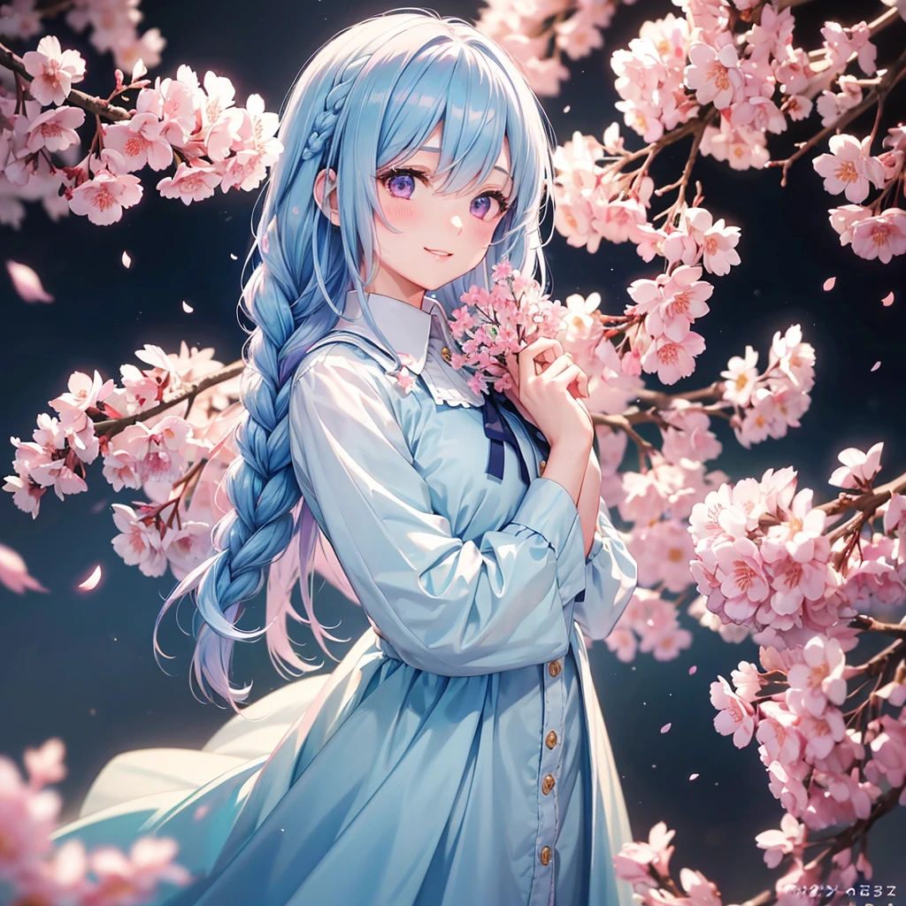 (light blue medium hair),(Braided hair)、Pink Eyes、Fair skin、(whole body)、(uniform)、Cherry Blossoms at Night、Big smile、A dignified figure、alone、(masterpiece、Highest quality、Very detailed、Best Shadow)、(Detailed Background)、(Beautifully detailed face)、High Contrast、(Best lighting、Very delicate and beautiful)、((Cinematic Light))、colorful、Hyper Detail、Dramatic Light、Exquisite detail、