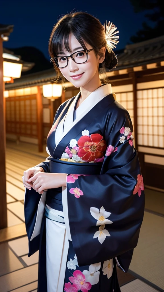 (Super beautiful woman in kimono)、((highest quality、8K masterpiece:1.3))、sharp focus:1.2、(super beautiful face:1.0)、(shiny skin:1.0)、realistic pictures、black hair、video lighting、High resolution eyes and face、video lighting、japanese actress、from the front、big breasts、with a happy smile、Slender abs beauty、whole body、wearing a kimono、in Kyoto、(((luxury obi)))、In Kyoto at night、wearing glasses with no edge、with a fan、Fireworks Display