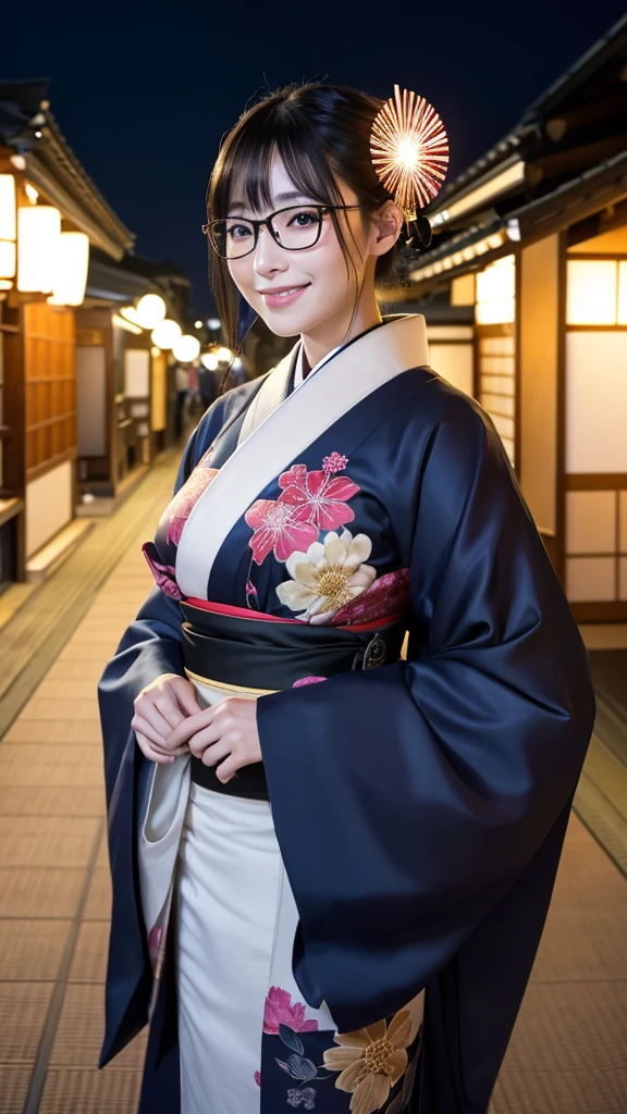 (Super beautiful woman in kimono)、((highest quality、8K masterpiece:1.3))、sharp focus:1.2、(super beautiful face:1.0)、(shiny skin:1.0)、realistic pictures、black hair、video lighting、High resolution eyes and face、video lighting、japanese actress、from the front、big breasts、with a happy smile、Slender abs beauty、whole body、wearing a kimono、in Kyoto、(((luxury obi)))、In Kyoto at night、wearing glasses with no edge、with a fan、Fireworks Display