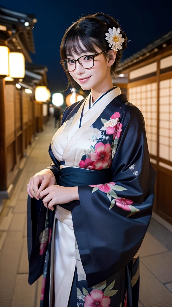 (Super beautiful woman in kimono)、((highest quality、8K masterpiece:1.3))、sharp focus:1.2、(super beautiful face:1.0)、(shiny skin:1.0)、realistic pictures、black hair、video lighting、High resolution eyes and face、video lighting、japanese actress、from the front、big breasts、with a happy smile、Slender abs beauty、whole body、wearing a kimono、in Kyoto、(((luxury obi)))、In Kyoto at night、wearing glasses with no edge、with a fan、Fireworks Display