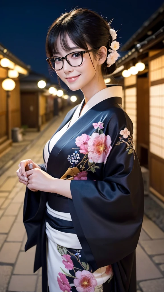 (Super beautiful woman in kimono)、((highest quality、8K masterpiece:1.3))、sharp focus:1.2、(super beautiful face:1.0)、(shiny skin:1.0)、realistic pictures、black hair、video lighting、High resolution eyes and face、video lighting、japanese actress、from the front、big breasts、with a happy smile、Slender abs beauty、whole body、wearing a kimono、in Kyoto、(((luxury obi)))、In Kyoto at night、wearing glasses with no edge、with a fan、Fireworks Display