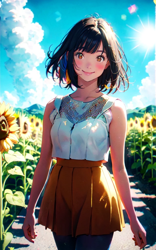 Front facing, facing this way、A more beautiful smile、More cute casual summer outfits、Cute mini skirt、More beautiful thighore beautiful colorful pantyhose、A more beautiful walk through a sunflower field in summer, Beautiful dark clouds, (Cowboy Shot:1.4), Beautiful and realistic, Beautiful masterpiece, Beautiful and top quality, Beautiful backlight, (Lens flare:1.1), (bloom:1.1), (chromatic aberration:1.1)