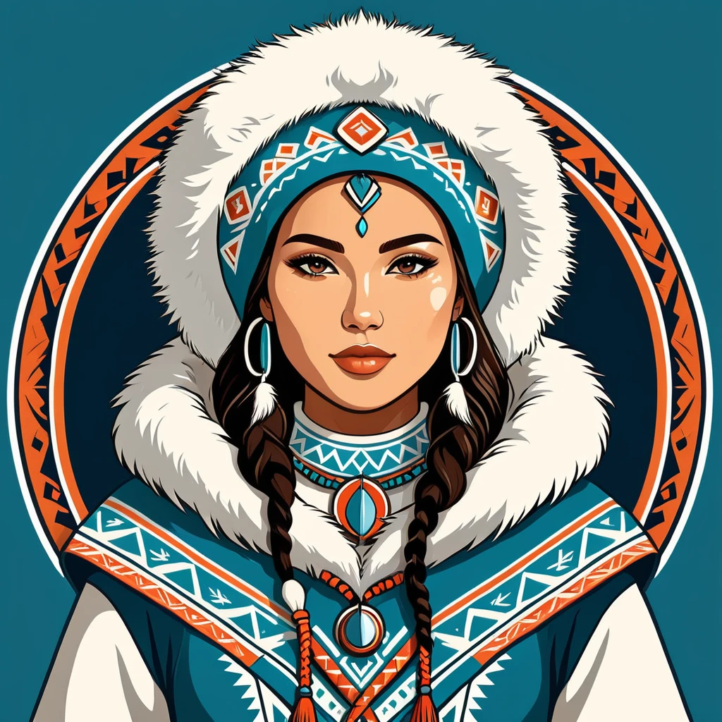 female	healer	in eskimo folk outfit	,vector graphics, strong contours, logo design																						