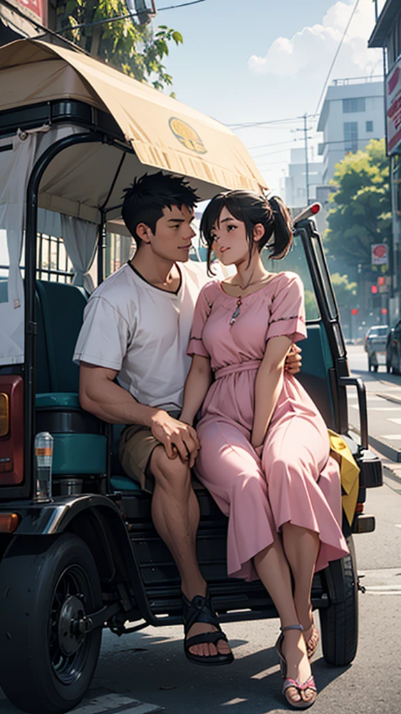 A Couple in an auto rickshaw, short clothes, sunny evening, hyperrealistic, detailed, cinematic lighting,