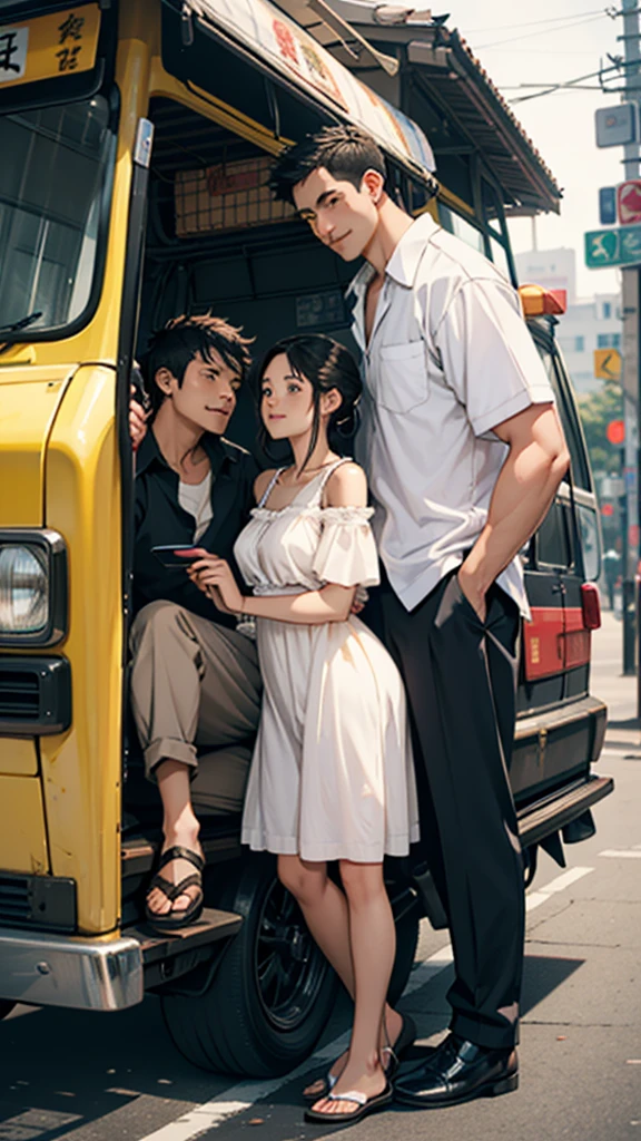 A couple is going in an auto rickshaw. The couple is wearing short clothes. The girl's hips are big. It is very sunny and it is evening.