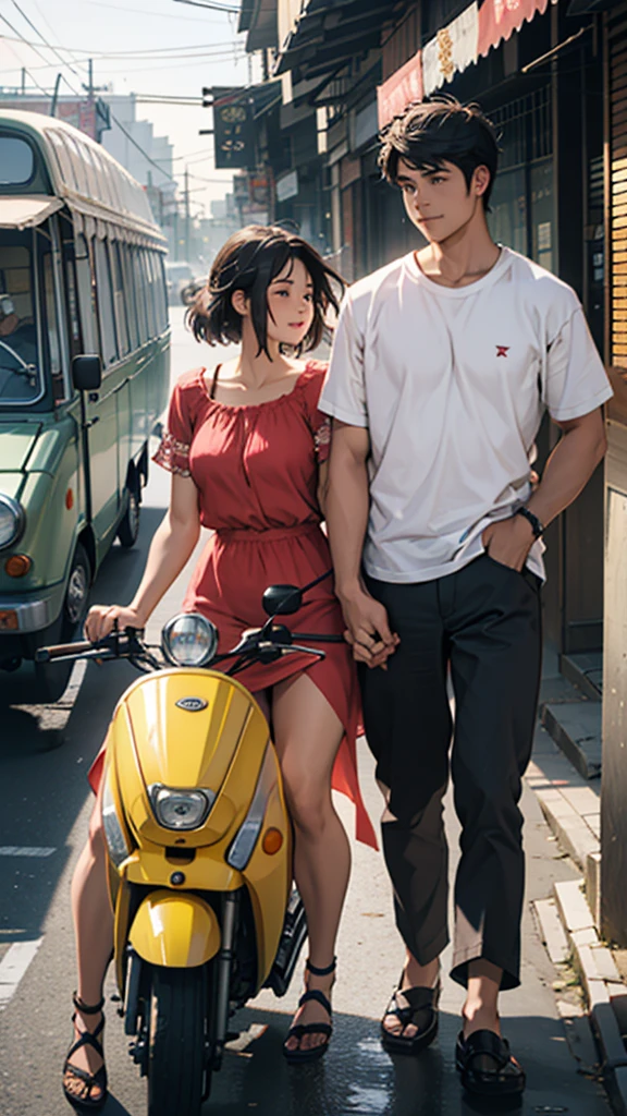 A couple is going in an auto rickshaw. The couple is wearing short clothes. The girl's hips are big. It is very sunny and it is evening.