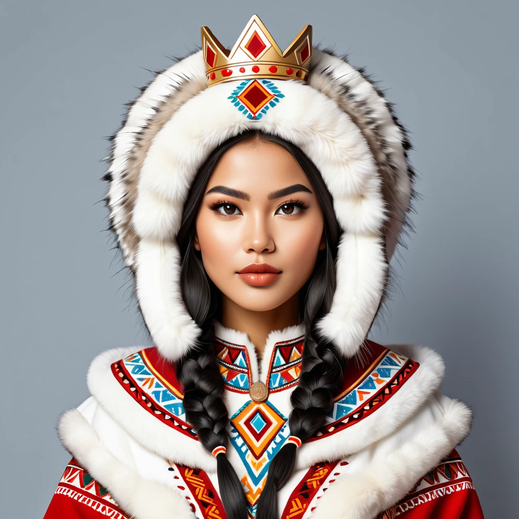 female king in eskimo folk outfit ,vector graphics, strong contours, logo design