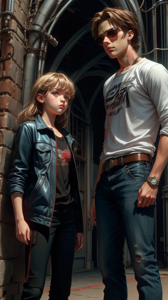 Matilda (the girl from the movie "Leon") and John Connor (the boy from the movie "Terminator 2") stand together