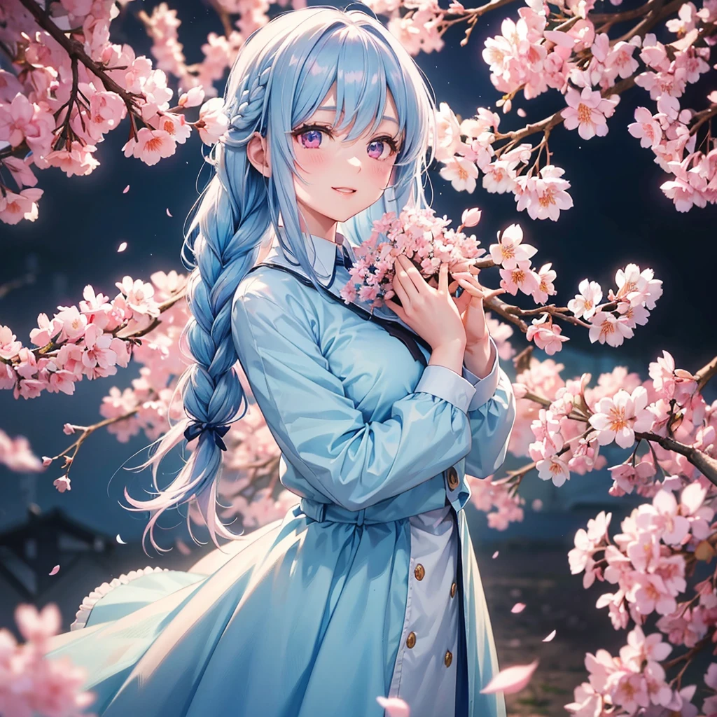 (light blue medium hair),(Braided hair)、Pink Eyes、Fair skin、(whole body)、(uniform)、Cherry Blossoms at Night、Big smile、A dignified figure、alone、(masterpiece、Highest quality、Very detailed、Best Shadow)、(Detailed Background)、(Beautifully detailed face)、High Contrast、(Best lighting、Very delicate and beautiful)、((Cinematic Light))、colorful、Hyper Detail、Dramatic Light、Exquisite detail、