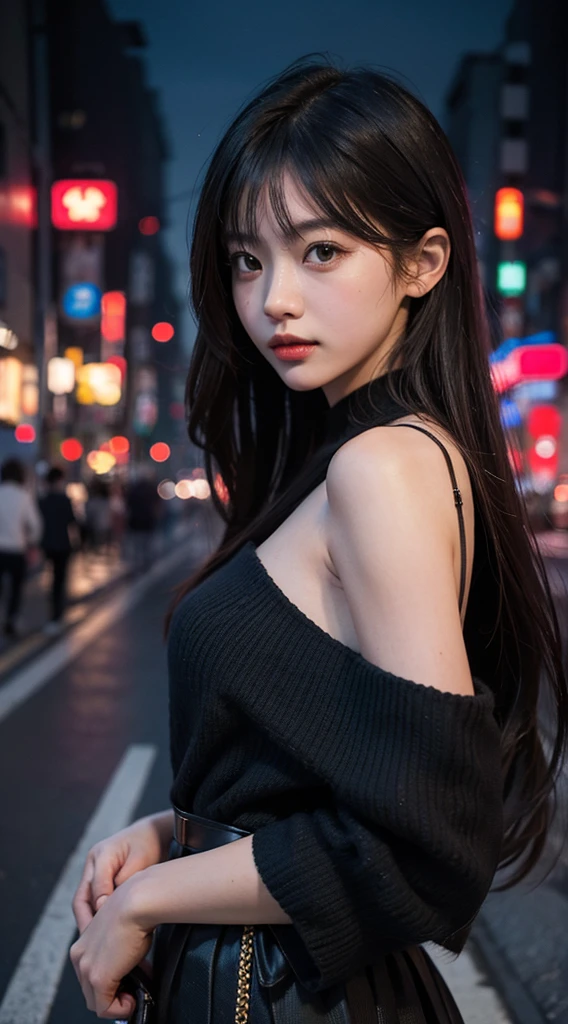 1girl, Tokyo street,night, cityscape,city lights, upper body,close-up, 8k, RAW photo, best quality, masterpiece,realistic, photo-realistic, Bule eye:1.4, Hair Style random, front cover,