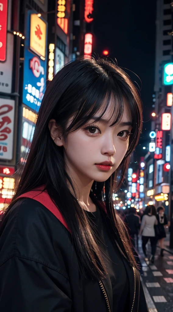 1girl, Tokyo street,night, cityscape,city lights, upper body,close-up, 8k, RAW photo, best quality, masterpiece,realistic, photo-realistic,