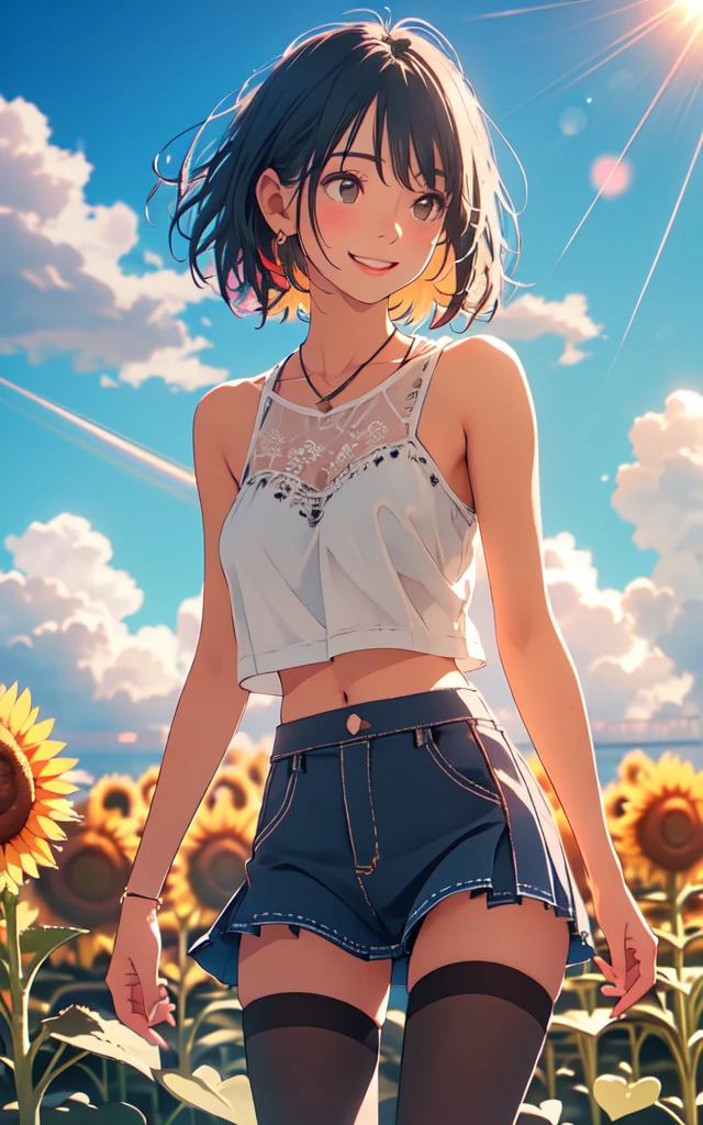 Front facing, facing this way、A more beautiful smile、More cute casual summer outfits、Cute mini skirt、More beautiful thighore beautiful colorful pantyhose、A more beautiful walk through a sunflower field in summer, Beautiful dark clouds, (Cowboy Shot:1.4), Beautiful and realistic, Beautiful masterpiece, Beautiful and top quality, Beautiful backlight, (Lens flare:1.1), (bloom:1.1), (chromatic aberration:1.1)