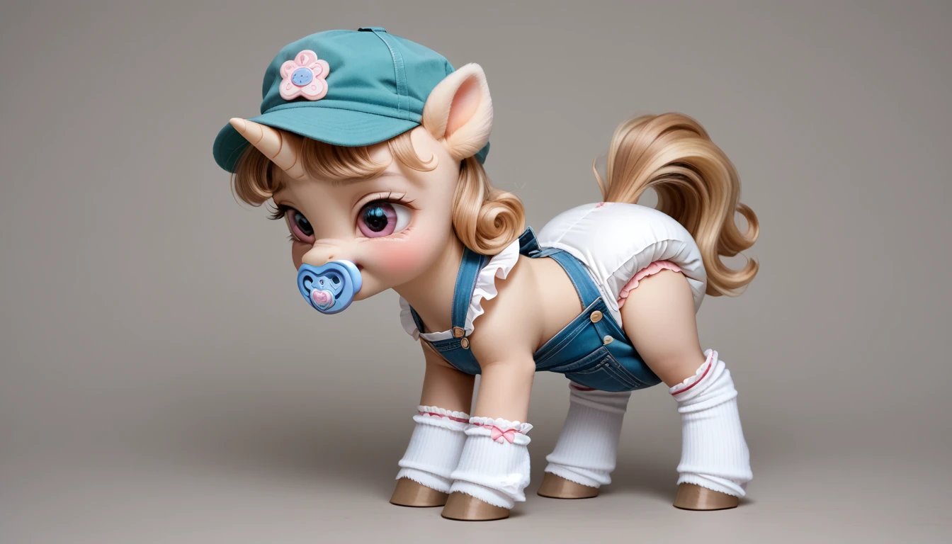 pony, light caramel unicorn, adult filly, stands on four hooves, rear hooves spread wide apart, dressed in a soft green adult-sized foal overalls with frills, adult size foal cap and hoof socks in soft blue color, pacifier in mouth, solo, raised tail, soft pink thick diaper, pink blush on cheeks.