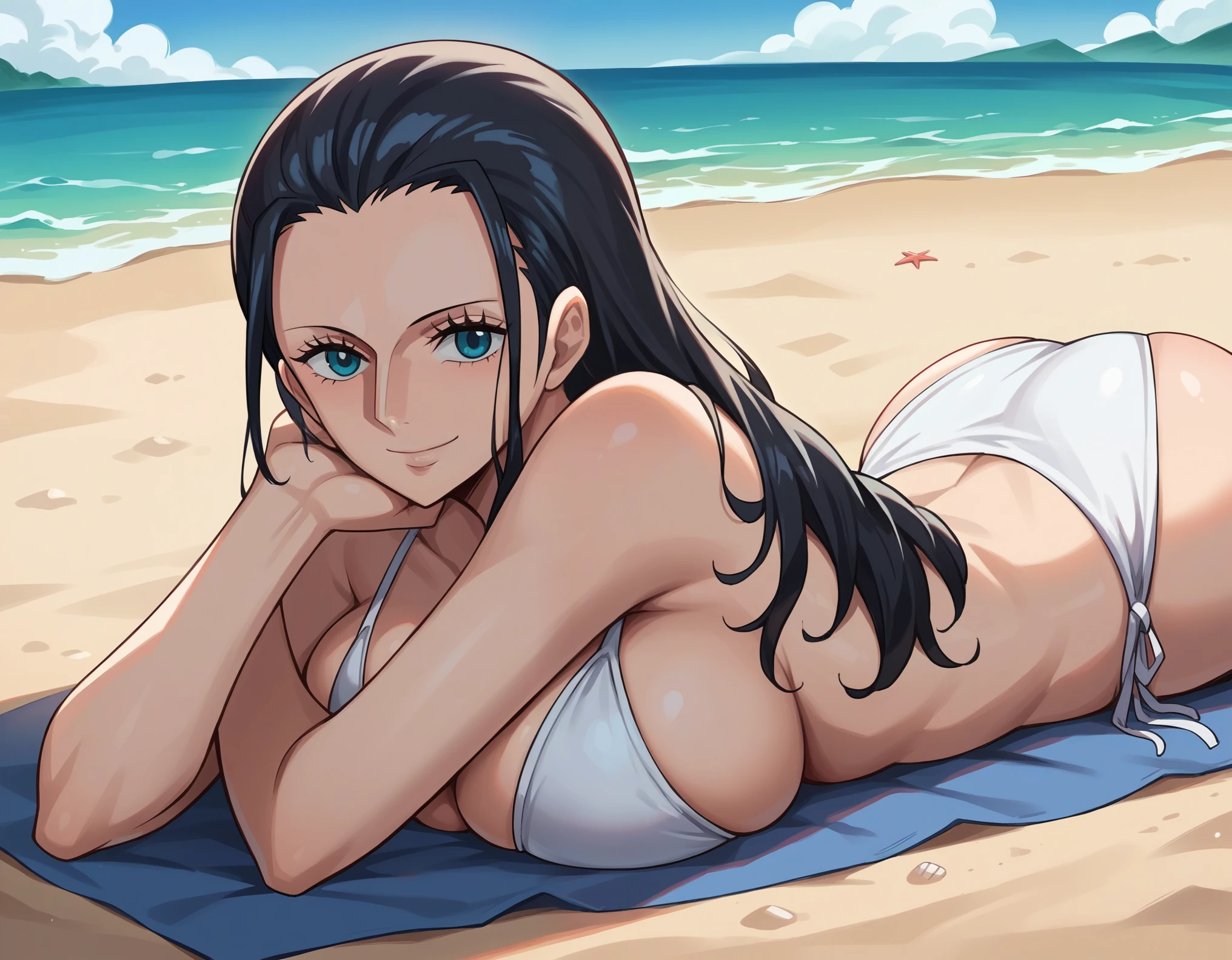 score_9, score_8_up, score_7_up, best quality, source_anime, clear face, 1girl, Nico Robin, black hair, long hair, blue eyes, large breasts, white bikini, looking at viewer, beach, face down, lying, press breasts, on stomach, smile, from side