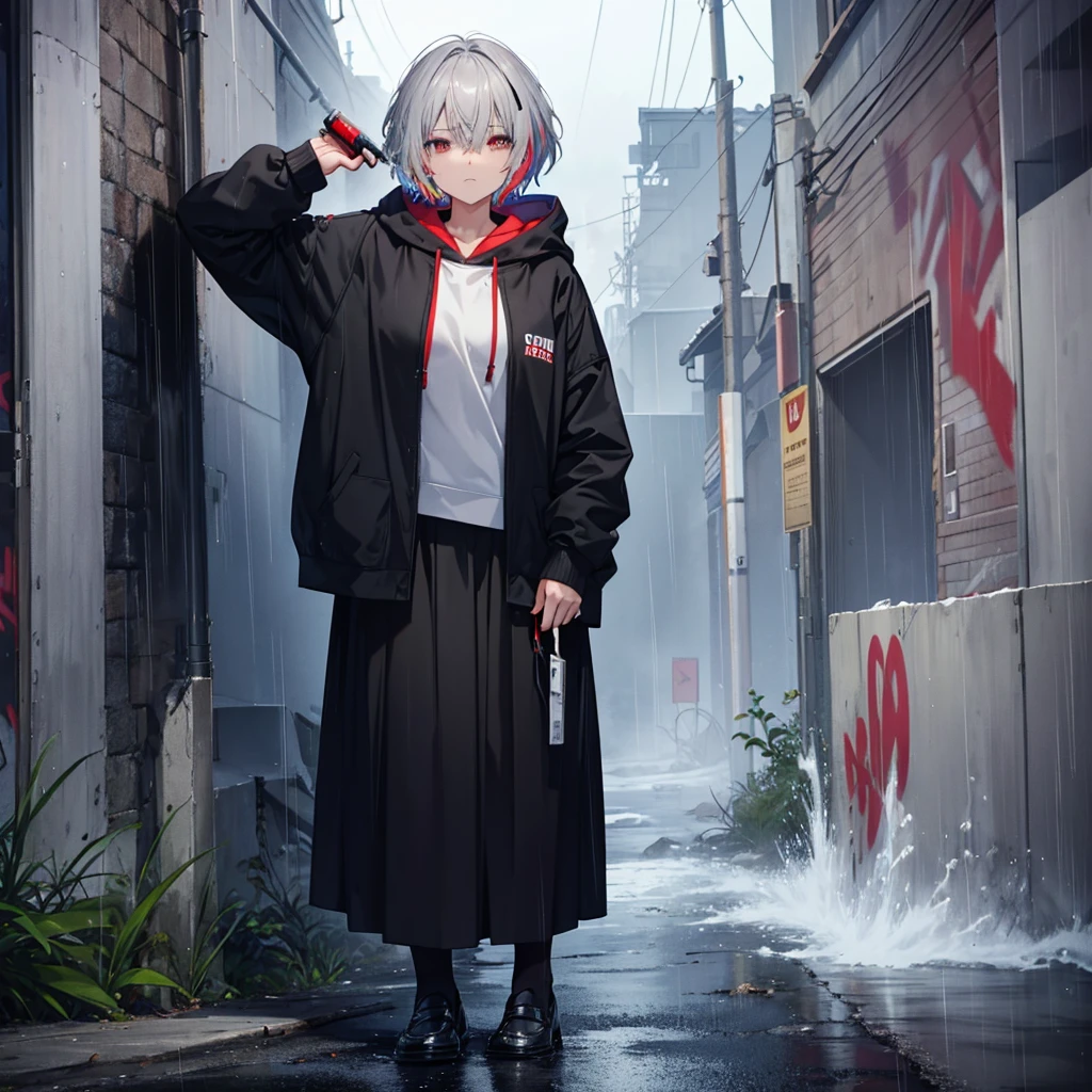 (((1 person Gray Hair、short hair Close ~ eyes Black and red outfit、hoodie)))) (((High resolution Getting wet in the rain Black long skirt loafers))) (((Crying and smoking a cigarette、Close-up))) (((((Stand leaning against a wall Colorful spray graffiti))))) ((in the rain、It rains Blowing in the Wind)) (Shining Background Shining Edges)
