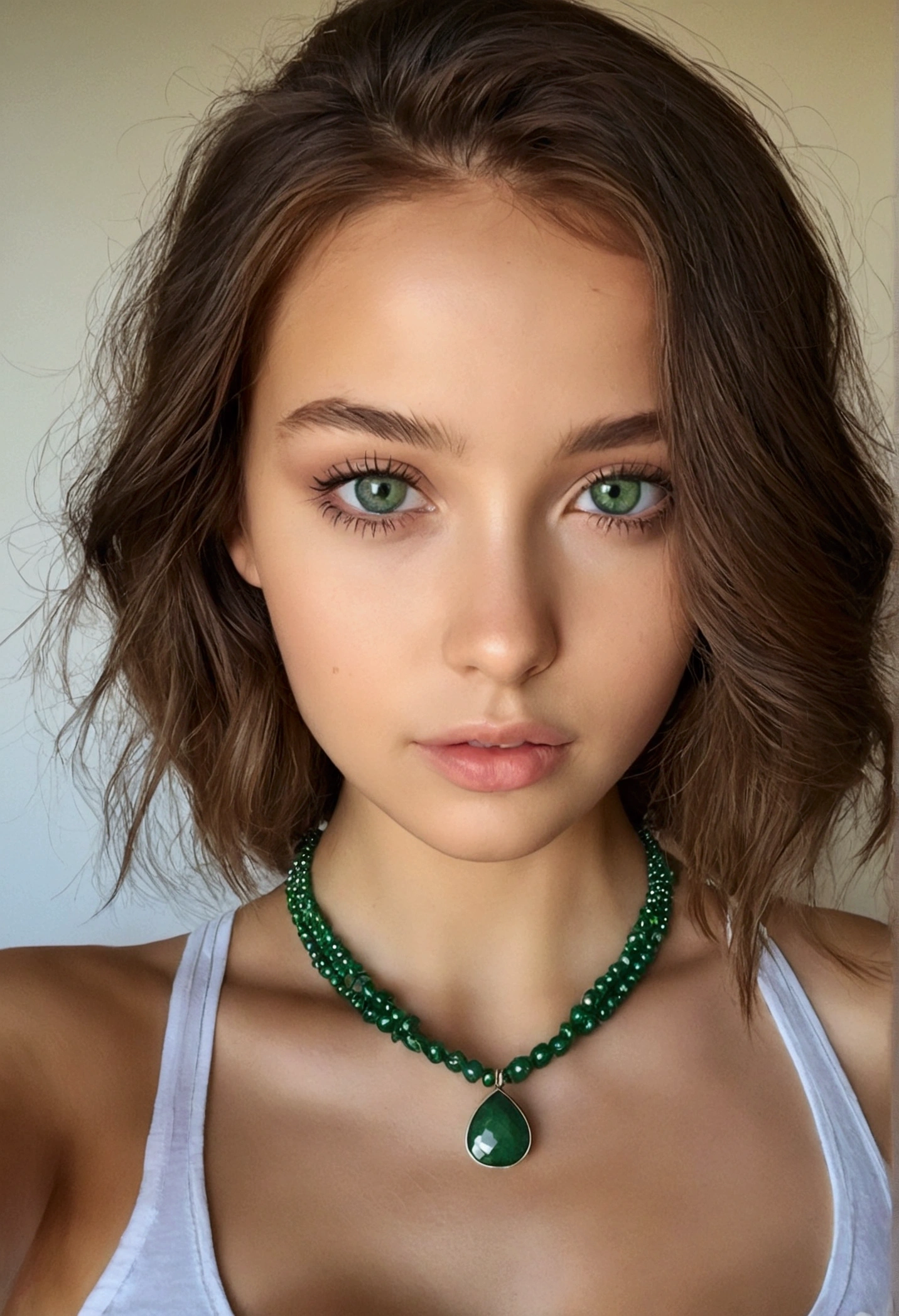 femme arafée avec un débardeur blanc et un collier, Fille sexy aux yeux verts, Portrait Sophie Mudd, cheveux bruns et grands yeux, selfie d&#39;une jeune femme, yeux de la chambre, violette myers, sans maquillage, maquillage naturel, regarder directement la caméra, visage avec artgram, maquillage subtil, superbe photo de tout le corps, yeux verts perçants