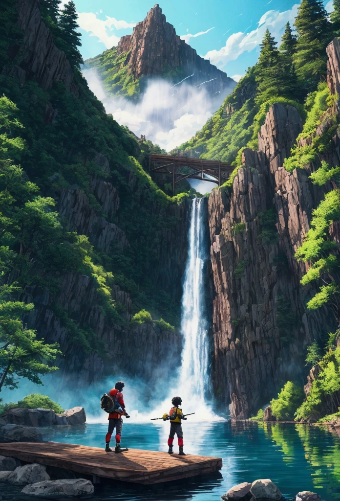 bright colors,anime,Backwoods,boy,Training by the Lake,Near the Monster Looks at the Guy,dark hair,Bright Water with Fish Visible,Near the waterfall,Equipment, bonfire,4K wallpaper,beautiful view