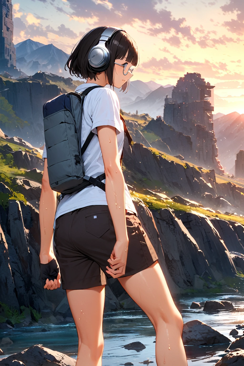 (extremely detailed fine touch:1.3), (((silver semi-rimless round eyewear:1.3))), (wear silver headphones:1.2), black short hair, blunt bangs, glowing ??? 1girl, solo, 2.5d face, from behind, close-up legs, sweaty, walking, camping wear, working wear, working shorts, bare arms, bare legs, backpack, glove, shoes, extremely detailed ancient ruins, top of the mountain