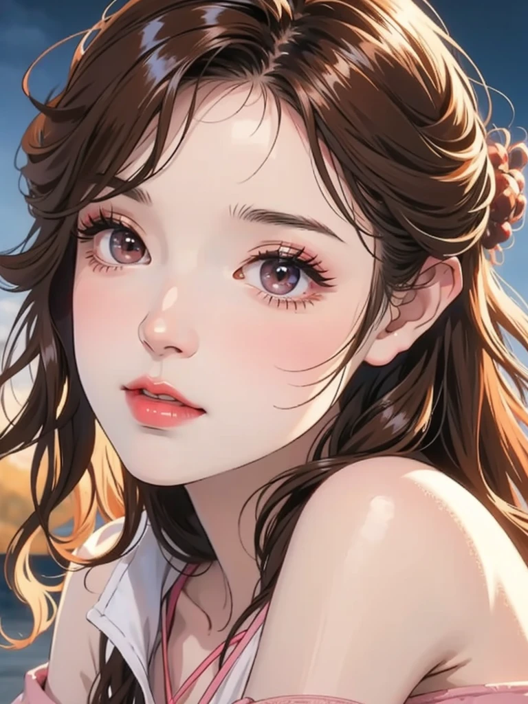 Girl, long brown hair, brown eyes, sharp features, white skin, pink lips, curly hair, perfect, ドレス
