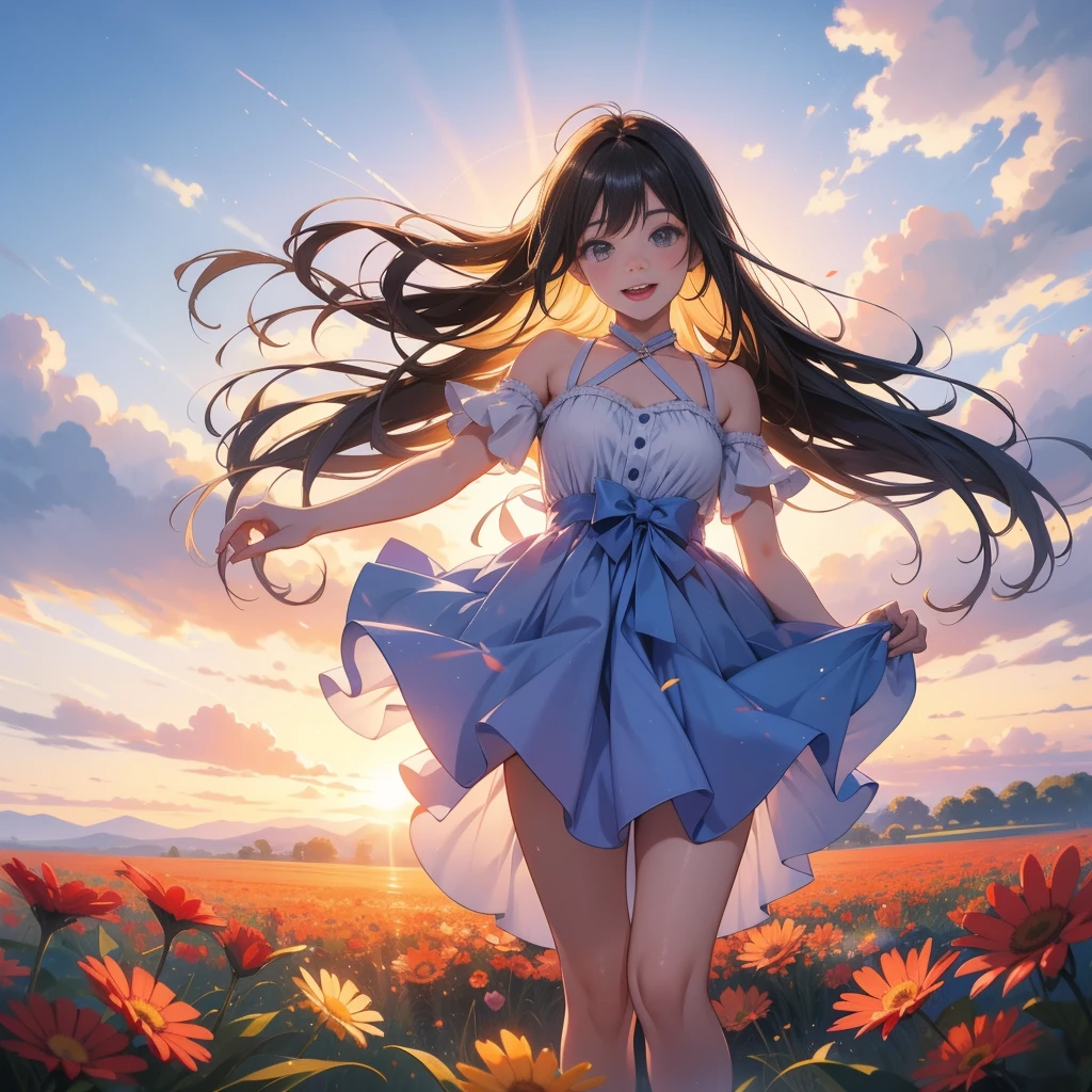 A joyous anime girl in the middle of a very big flower field, jumping with her hands above her head while watching the sun go down over the horizon. Her back is towards the camera. It's evening due to which the upper sky is bluish. Faraway shot. 2d.