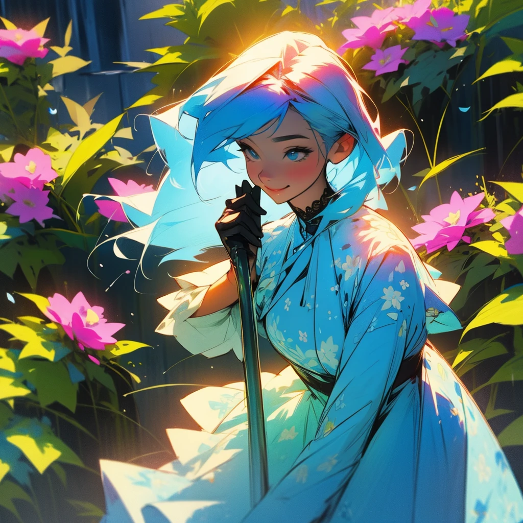 A girl watering the plants in her garden full of flowers under a bright blue sky wearing black gloves having light blue hairs. Smiling brightly looking at the flowers. Eye detail, intricate details, wearing a flower print dress