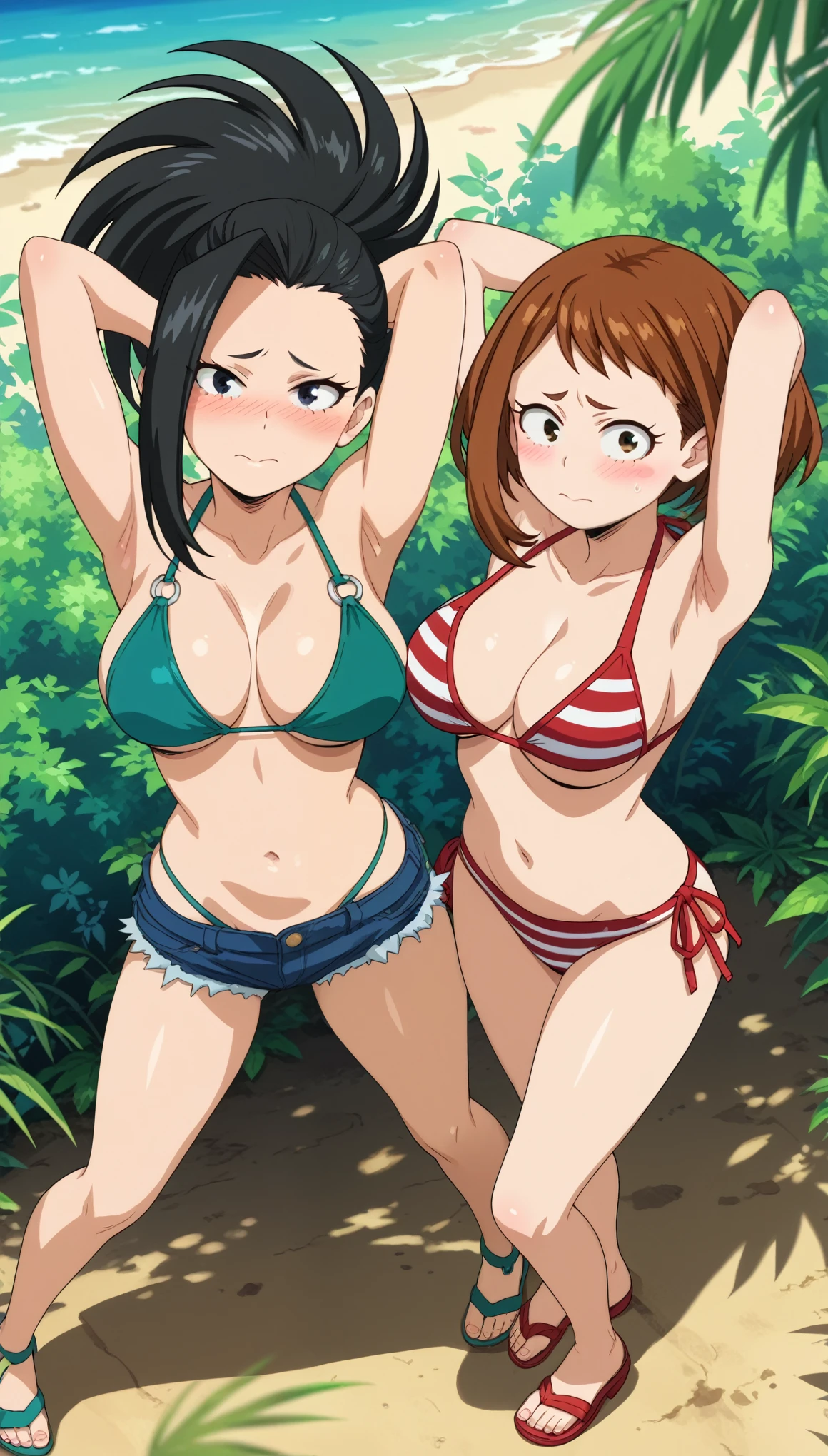 score_7_up, score_6_up, best quality, anime screencap, clear face, (2girls), yaoyorozu momo, ochako uraraka, nature background, standing, looking at viewer, big breasts, bikini, blush, embarrassed, arms behind head, spread legs, from above 