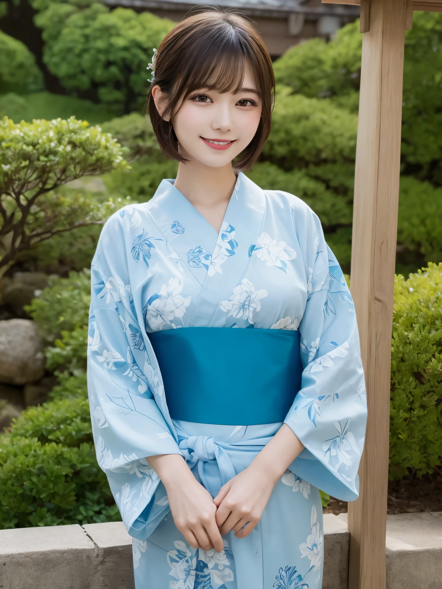 masterpiece, best quality, illustration, ultra-detailed, finely detailed, high resolution, 8K wallpaper, perfect dynamic composition, beautiful detailed eyes, Japanese garden, yukata, short hair, serene expression, cute, smile, looking at camera